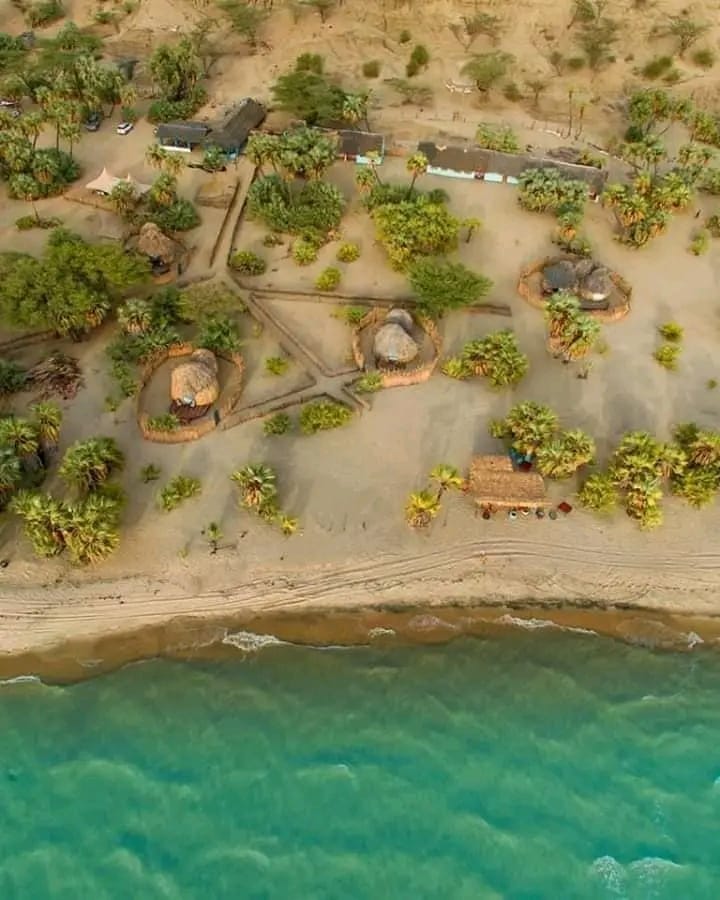 Aerial view of thatched huts at Eliye Springs